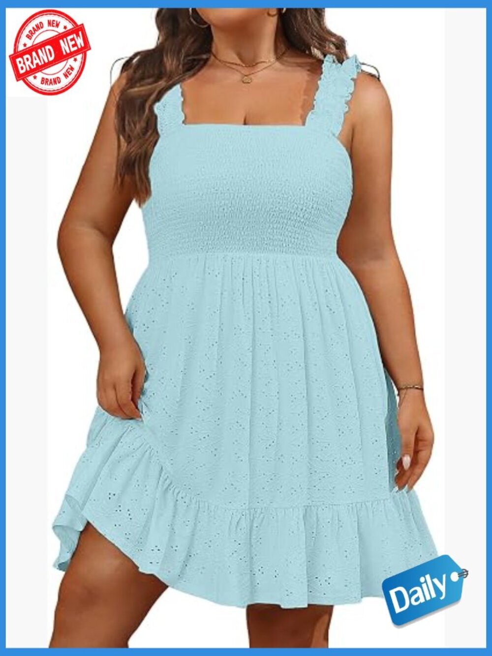 Plus Size Eyelet Square Neck Sleeveless Smocked Ruffle A-Line Sundress